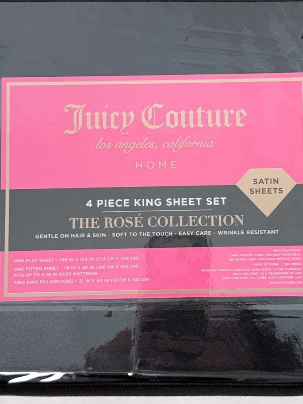 Juicy Couture Rosé Collection King Satin Sheet Set Black 4 Piece Bedding Luxury